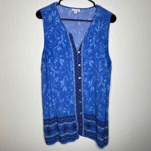 J. Jill sleeveless button down blouse top blue rayon boho lightweight beach L